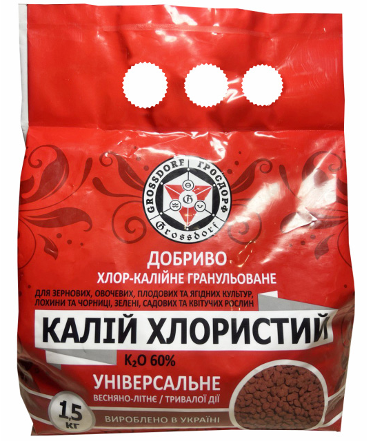 Мінеральне добриво Калій хлористий гранульований K₂O 60% 1.5кг Мінеральне добриво Калій хлористий гранульований K₂O 60% 1.5кг