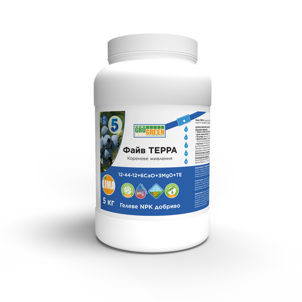 Добриво ГроГрін Terra Five (GroGreen) 12-44-12 + 6CaO + 3MgO + TE, 5 кг Добриво ГроГрін Terra Five (GroGreen) 12-44-12 + 6CaO + 3MgO + TE, 5 кг